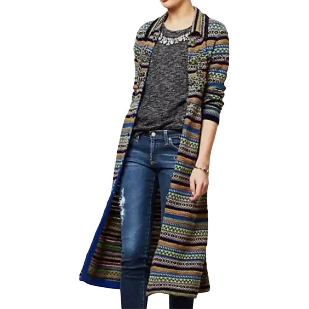 Anthropologie Sleeping on Snow Fair Isle patterned longline duster cardigan